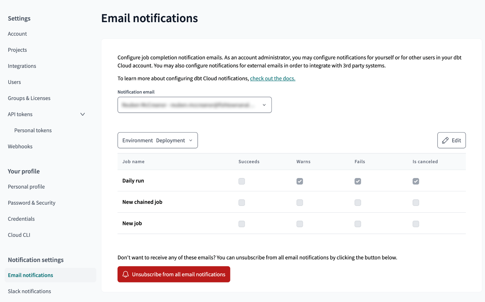 Example of the Email notifications page